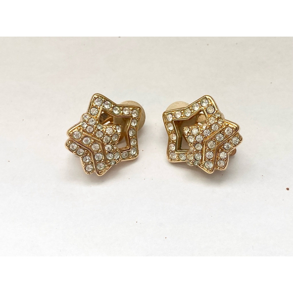 Vintage Rhinestone Star Crown Earrings Gold tone Clip on. - Picture 2 of 5